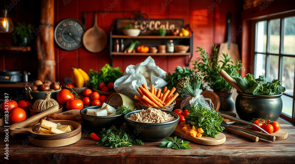 Illustrate a rustic culinary scene with warm, appetizing colors like deep amber and rich red, incorporating elements such as fresh ingredients and a wooden table for an inviting, homely feel. Illustrate a rustic culinary scene with warm, appetizing colors like deep amber and rich red, incorporating elements such as fresh ingredients and a wooden table for an inviting, homely feel.