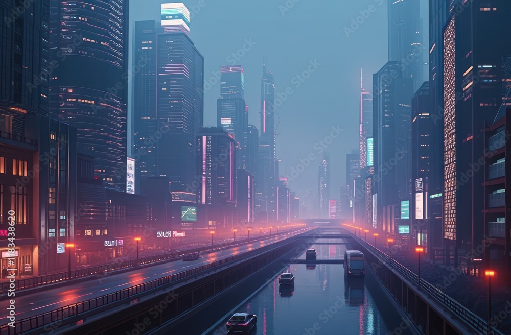 Obraz premium futuristic cityscape with sleek buildings, neon lights, and hazy blue sky - a blend of beauty and mystery in a technologically advanced world.
