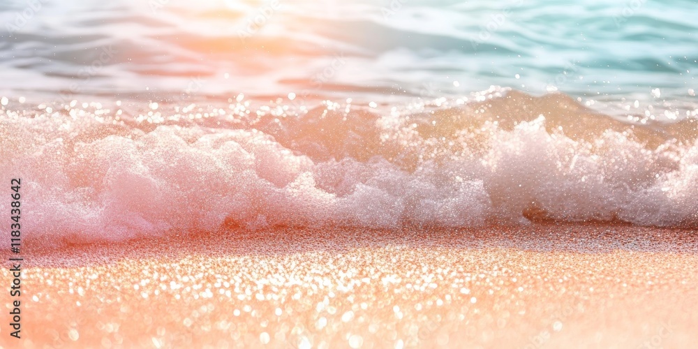 Fototapeta premium Coral and Glitter Ombre Waves. Summer Sunset Waves featuring Faded Ombre and Sparkle. Beautiful Coral Shoreline and Glittering Sand by the beach.