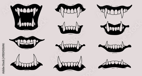 Set of scary smile masks. Collection of different types of smiling faces with teeth. Line art. Creepy mouth masks. Halloween masks. Vector illustration for children. Tattoos.