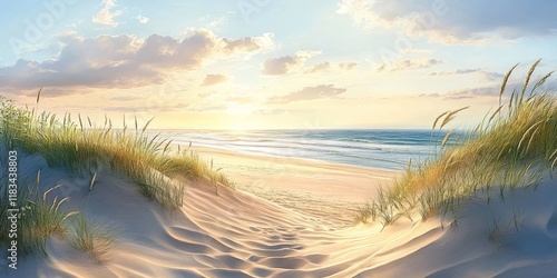 Fototapeta Naklejka Na Ścianę i Meble -  The beach and the dunes showcase the natural beauty of coastal landscapes, featuring serene beaches and rolling dunes that create a peaceful retreat perfect for relaxation and exploration.