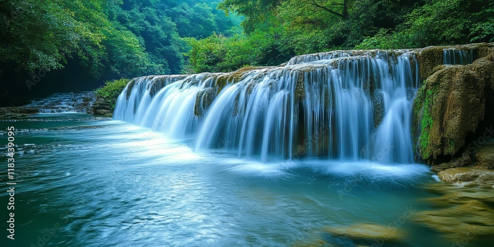 Fototapeta premium Majestic waterfall cascading at a serene river, showcasing the beauty of nature with flowing water and lush surroundings. This stunning waterfall is a perfect example of natural beauty and