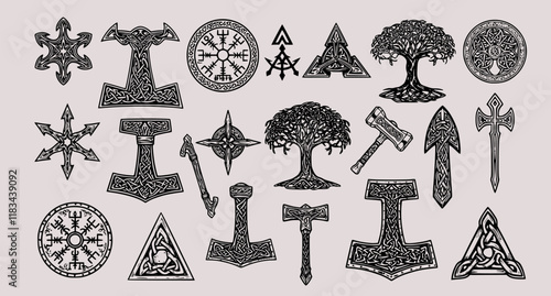 Set of Viking symbols. Collection of scandinavian pagan norse sign vegvisir, celtic tree of life, hammer of Thor, etc. Magic warrior norse symbol. Vector illustration on white background