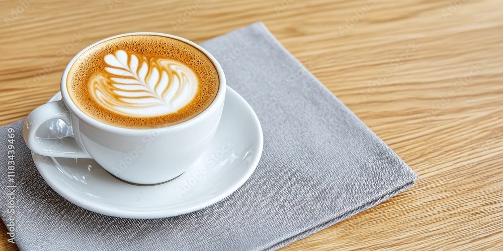 Obraz premium A beautifully crafted latte in a white cup, featuring a delicate leaf design, placed on a gray napkin atop a wooden table.