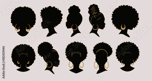 Set of silhouette afro girl. Collection of black woman face with stylized hairstyle. Vector illustration of girl head with stylized haircut.
