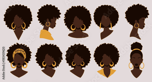 Set of silhouette afro girl. Collection of black woman face with stylized hairstyle. Vector illustration of girl head with stylized haircut.