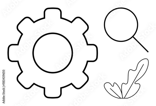 Gear, magnifying glass, and leaf outline represent industry, analysis, and ecology. Ideal for technology, research, innovation, nature conservation ecology sustainability and environmental