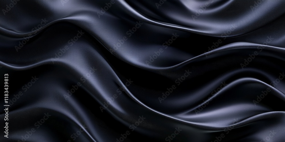 Fototapeta premium Luxurious black gray satin fabric texture showcases a shiny, abstract design. This black gray satin cloth features soft waves and blurred patterns, creating a beautiful panorama background.