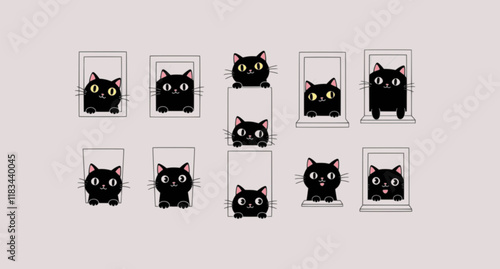 Set of black cats looking out the window. Collection of cartoon cats peeking out the window. Funny peeking pets. Vector illustration on white background. Tattoo.