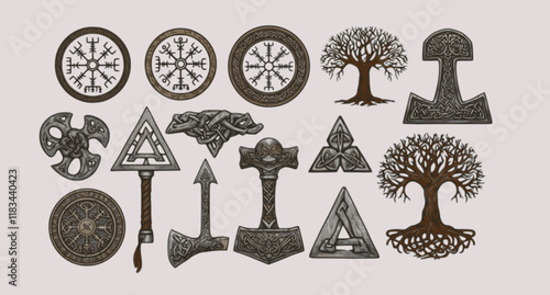 Set of Viking symbols. Collection of scandinavian pagan norse sign vegvisir, celtic tree of life, hammer of Thor, etc. Magic warrior norse symbol. Vector illustration on white background