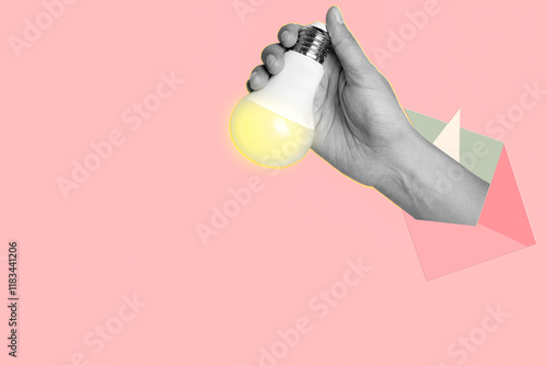 A Hand hold light bulb isolated on painted pink background. Creativity and new ideas in business. Art collage. photo