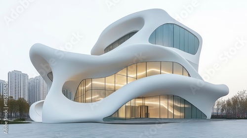 Artistic depiction of futuristic architecture, with dynamic, curvilinear structures, smart lighting systems, and solar-powered exteriors, highlighting the integration of nature and technology in