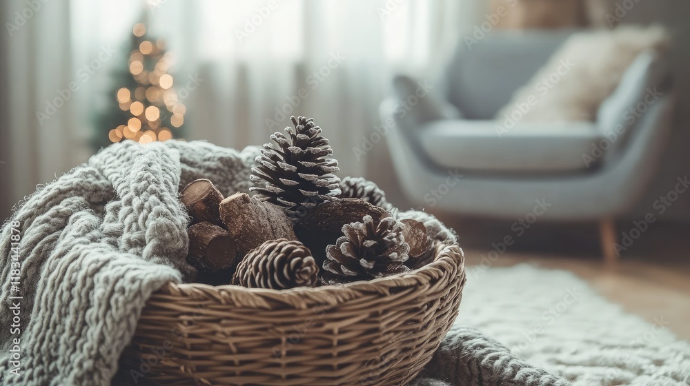 Obraz premium A rustic basket of pinecones and small logs for a cozy holiday decor setup in a living room