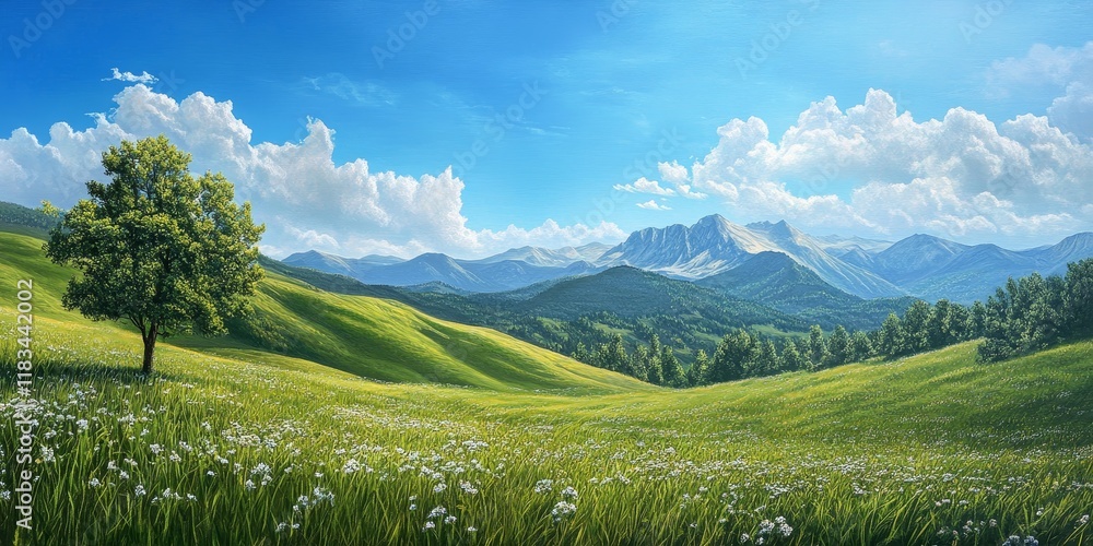 Obraz premium Scenic landscape of a meadow on a hill, featuring mountains and a clear blue sky, captures the beauty of nature within a public park environment. The landscape invites exploration and admiration.