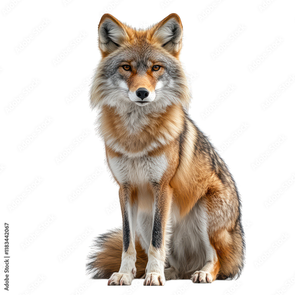 A realistic illustration of a sitting coyote with detailed fur. A realistic illustration of a sitting coyote with detailed fur.