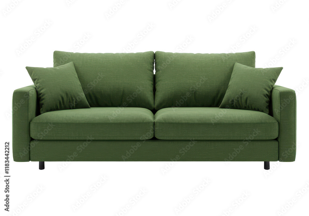 Modern green fabric sofa with two large cushions and two side pillows, isolated on white background Modern green fabric sofa with two large cushions and two side pillows, isolated on white background