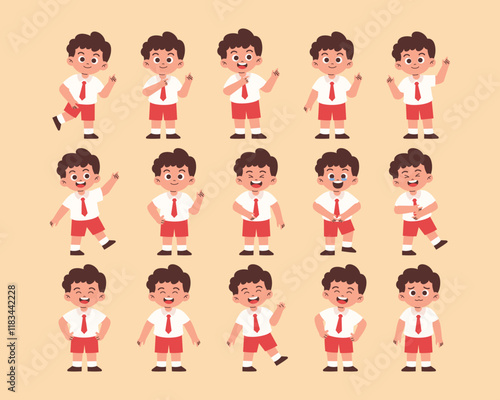Male Elementary Student with Various Expression and Gesture, Primary Student Laughing, Pointing Something