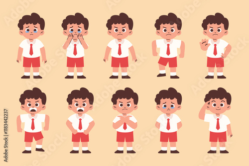 Male Elementary Student with Various Expression and Gesture, Primary Student Angry, Feels Guilty, Say No