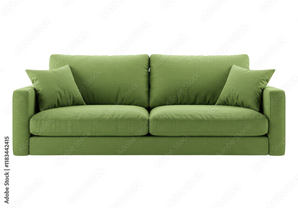 Modern green fabric sofa with two large cushions and two side pillows, isolated on white background Modern green fabric sofa with two large cushions and two side pillows, isolated on white background