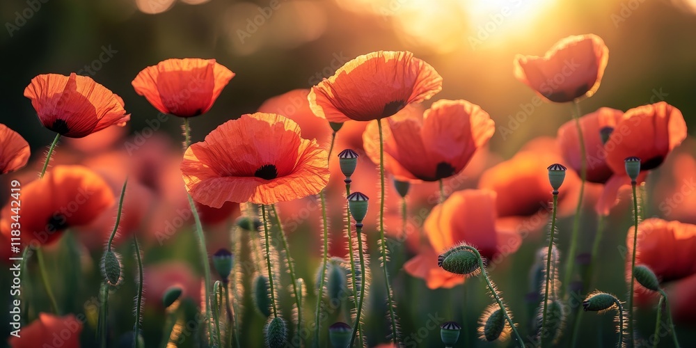 Fototapeta premium Vibrant red poppy blooms in a serene spring evening setting, showcasing the beauty of red poppy in nature during this tranquil time of day. Experience the charm of red poppy in the spring.