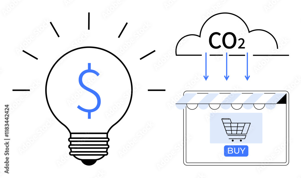 Lightbulb with dollar symbol beside cloud labeled CO2, pointing to online store symbol with cart and buy button. Ideal for sustainability, e-commerce, environmental impact, green technology, digital Lightbulb with dollar symbol beside cloud labeled CO2, pointing to online store symbol with cart and buy button. Ideal for sustainability, e-commerce, environmental impact, green technology, digital