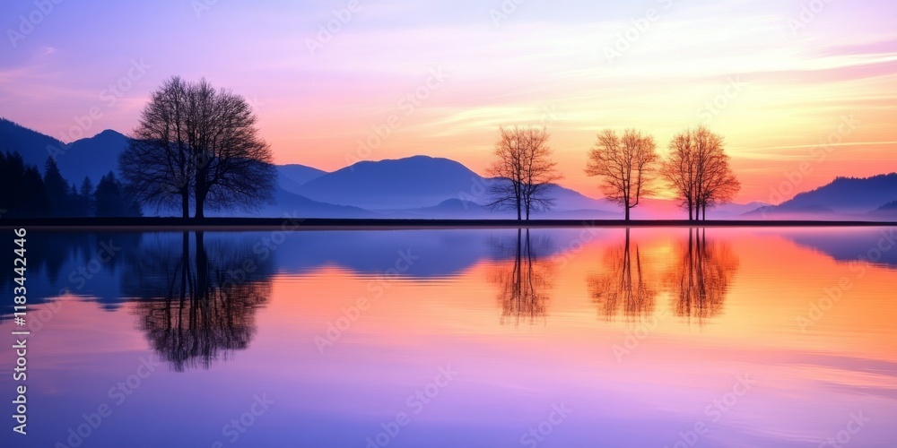 Tranquil sunset over a serene lake, where the peaceful lake reflects tree silhouettes and mountain forms. Enjoy the tranquil sunset that enhances the beauty of nature s vibrant colors. Tranquil sunset over a serene lake, where the peaceful lake reflects tree silhouettes and mountain forms. Enjoy the tranquil sunset that enhances the beauty of nature s vibrant colors.