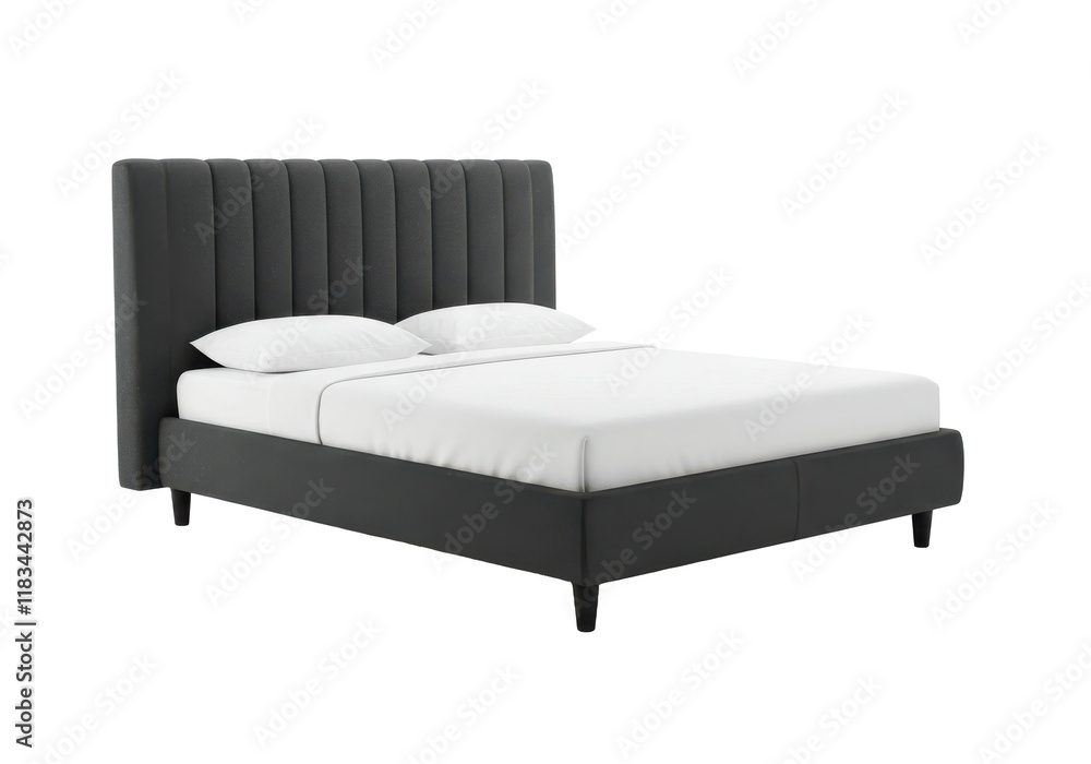 Sleek dark gray upholstered bed with a vertically padded headboard and white bedding, isolated on white background Sleek dark gray upholstered bed with a vertically padded headboard and white bedding, isolated on white background