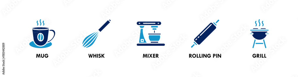 Kitchen Set banner web icon illustration concept with icon of mug, whisk, mixer, rolling pin, and grill Kitchen Set banner web icon illustration concept with icon of mug, whisk, mixer, rolling pin, and grill