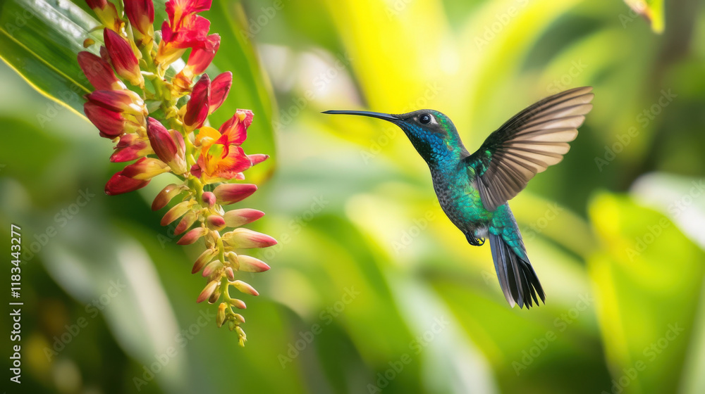 Fototapeta premium Hummingbird feeding on red flower surrounded by green leaves in natural light and tropical setting