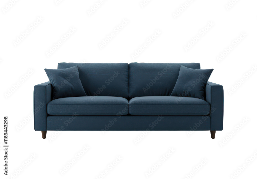 Deep blue fabric sofa with two large cushions and two side pillows, isolated on white background Deep blue fabric sofa with two large cushions and two side pillows, isolated on white background