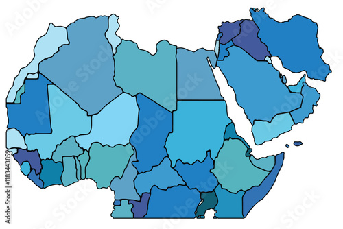 Middle East map with regions vector illustration,Middle East Political map and administrative divisions, vector illustration map of Middle East with borders, colorful map of Middle East.