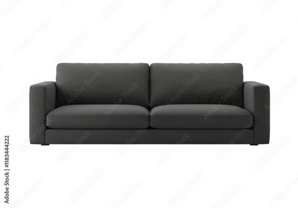 Minimalist dark gray fabric sofa with two large cushions and square armrests, isolated on white background Minimalist dark gray fabric sofa with two large cushions and square armrests, isolated on white background