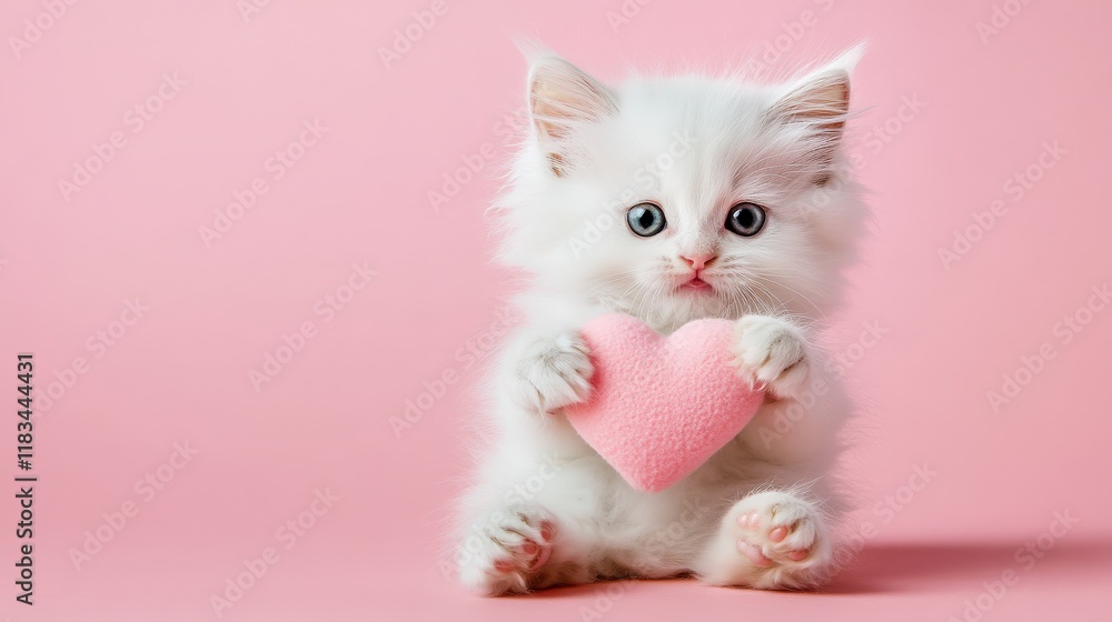 A fluffy white kitten holds a soft pink heart plush, radiating love and cuteness in a delightful setting. A fluffy white kitten holds a soft pink heart plush, radiating love and cuteness in a delightful setting.