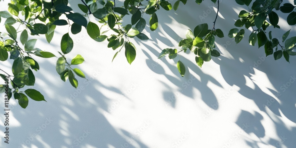 A detailed view of natural daylight casting shadow patterns of leaves onto a white wall surface, embodying a nature theme for spring with a focus on green, plus ample copy space. A detailed view of natural daylight casting shadow patterns of leaves onto a white wall surface, embodying a nature theme for spring with a focus on green, plus ample copy space.