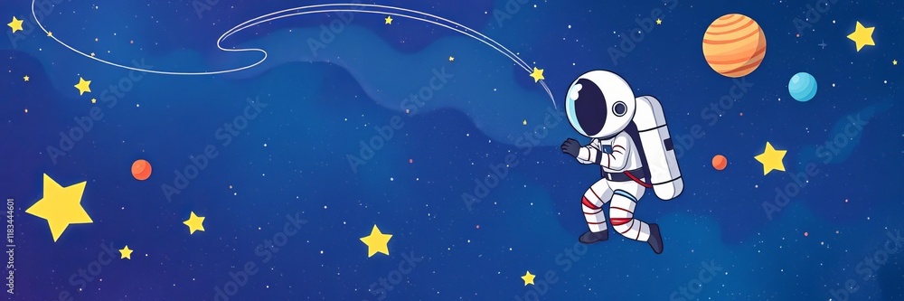 Cosmonaut in spacesuit exploring galaxy with planets and stars background, space research, universe discovery, astronaut cartoon illustration, exploration, stars, galaxy Cosmonaut in spacesuit exploring galaxy with planets and stars background, space research, universe discovery, astronaut cartoon illustration, exploration, stars, galaxy
