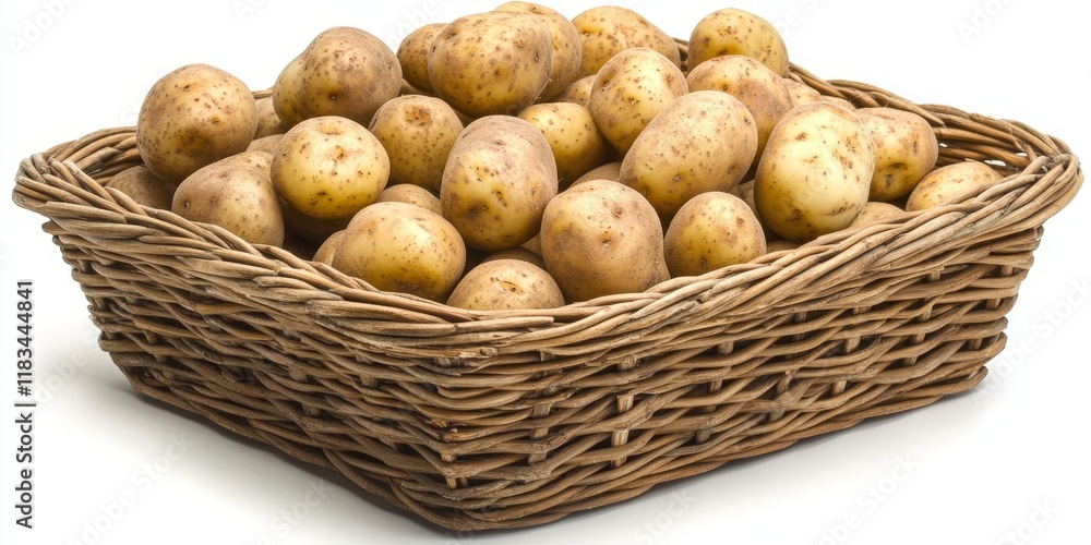 Fresh organic young potatoes displayed in a bamboo wicker basket, showcasing the appeal of raw organic young potatoes on a clean white background. Ideal for highlighting fresh organic young potatoes. Fresh organic young potatoes displayed in a bamboo wicker basket, showcasing the appeal of raw organic young potatoes on a clean white background. Ideal for highlighting fresh organic young potatoes.