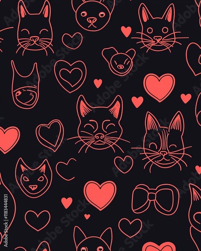 A playful pattern featuring outlined cat faces, hearts, and bows against a black background, creating a whimsical, love-themed design. photo