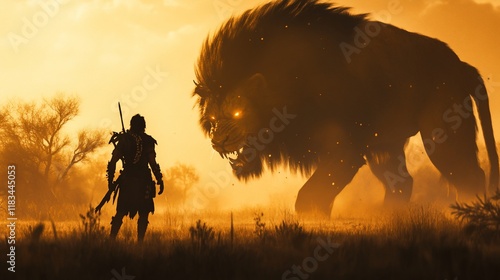 Warrior facing giant mythical lion at sunset.