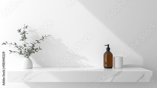 Wallpaper Mural A marble shelf with a blank wall mockup for product presentation, set against a white background. The counter features bathroom accessories and a soap bottle Torontodigital.ca