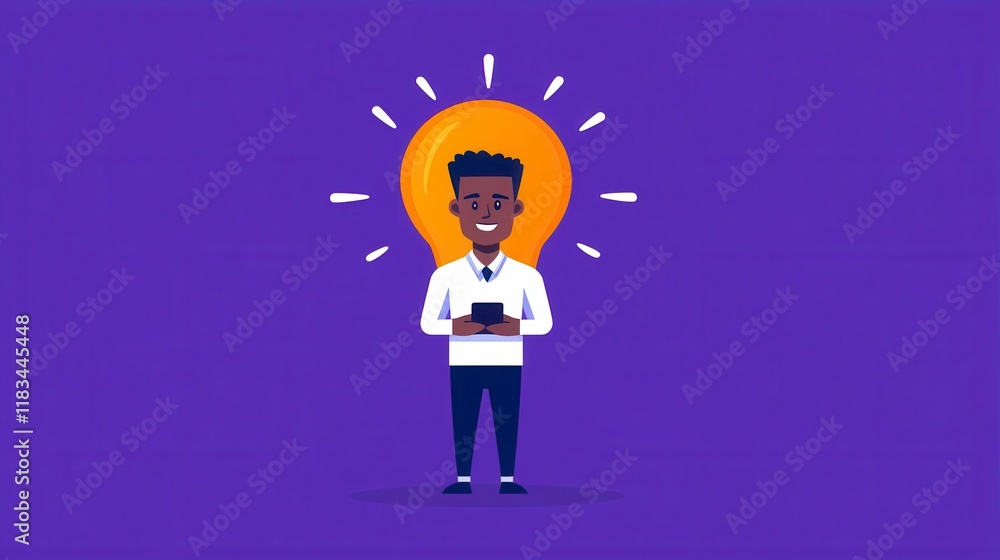 A creative young man holding a smartphone with a bright light bulb glowing above his head in a colorful setting. A creative young man holding a smartphone with a bright light bulb glowing above his head in a colorful setting.