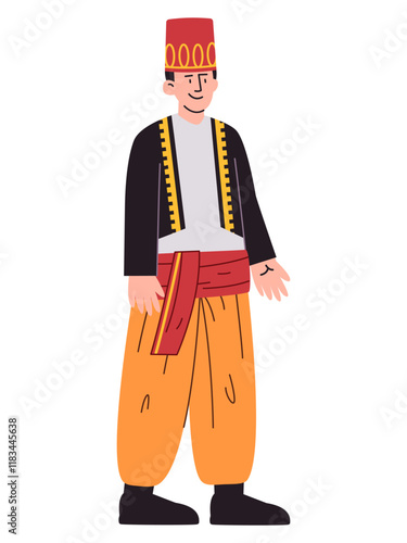 Turkish man wearing cultural traditional clothes Turkey attire headdress Fez Tarboosh hat heritage style character expressive face design colorful icon set