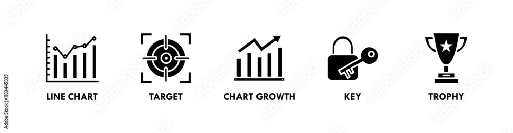 Key Performance Indicators banner web icon illustration concept with icon of line chart, target, chart growth, key, and trophy Key Performance Indicators banner web icon illustration concept with icon of line chart, target, chart growth, key, and trophy
