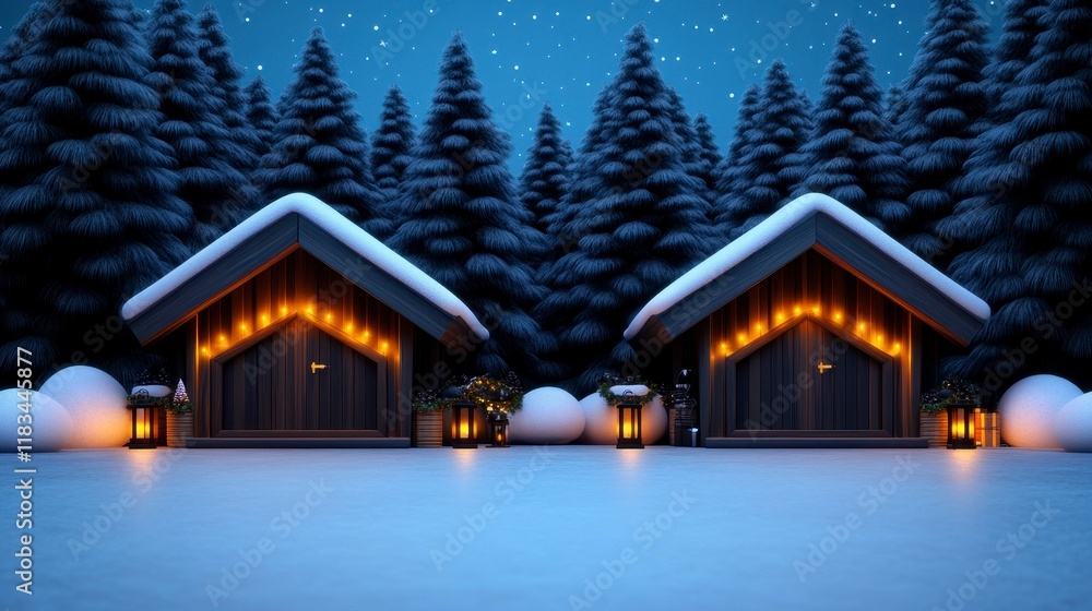 Two cozy wooden cabins adorned with warm lights in a winter wonderland setting under a starlit sky Two cozy wooden cabins adorned with warm lights in a winter wonderland setting under a starlit sky