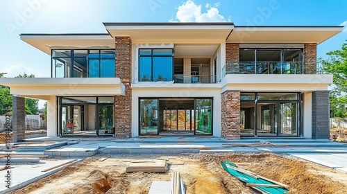 Illustration of a house being built with a mix of traditional brickwork and modern eco-friendly materials, symbolizing the trend toward sustainable residential construction