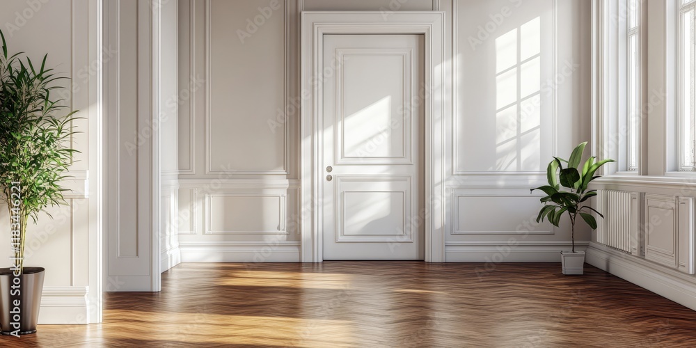 Empty house featuring a new hardwood floor and elegant white doors. This empty house showcases an inviting entrance hallway and a cozy small office room, perfect for any design. Empty house featuring a new hardwood floor and elegant white doors. This empty house showcases an inviting entrance hallway and a cozy small office room, perfect for any design.