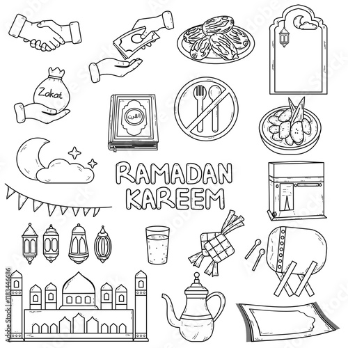 A collection of minimalist line art of mosque, crescent moon, minarets, lantern, Kaaba, dates fruit, handshake, zakat, hand giving money, ketupat, kolak designed for Ramadan decorations.