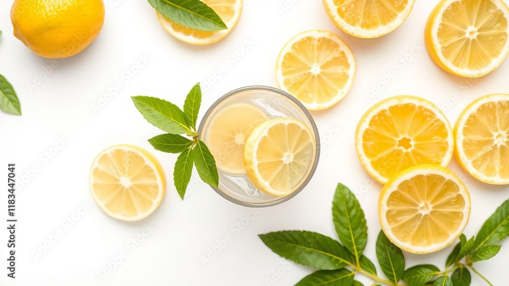 Four vibrant lemon slices arranged on a clean white surface, ideal for adding a pop of color and flavor to your summer recipes and cocktails, top view, flat lay, lemon Four vibrant lemon slices arranged on a clean white surface, ideal for adding a pop of color and flavor to your summer recipes and cocktails, top view, flat lay, lemon