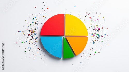 Colorful pie chart with different segments surrounded by scattered confetti on a clean white background
