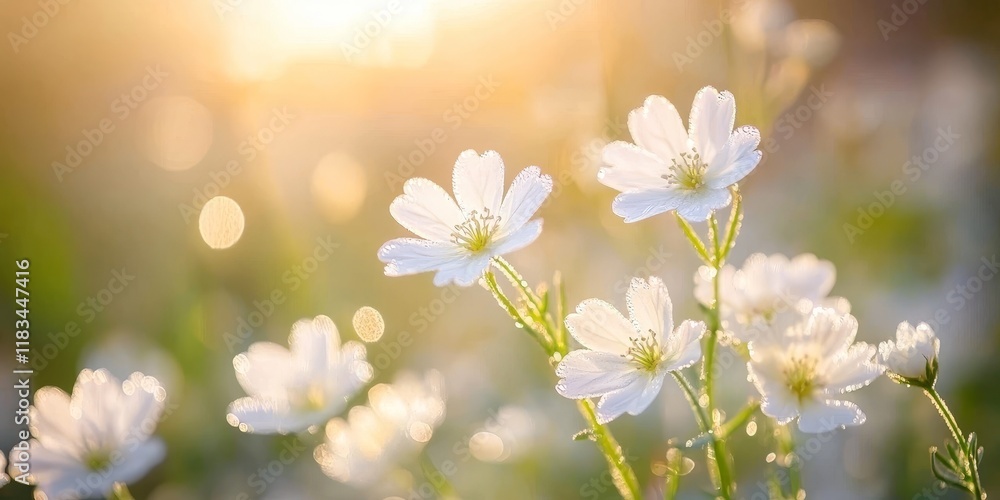 A high angle close up captures white wildflowers glistening with dew in the soft light of a morning sunrise, against a blurred natural backdrop, highlighting natures beauty. A high angle close up captures white wildflowers glistening with dew in the soft light of a morning sunrise, against a blurred natural backdrop, highlighting natures beauty.