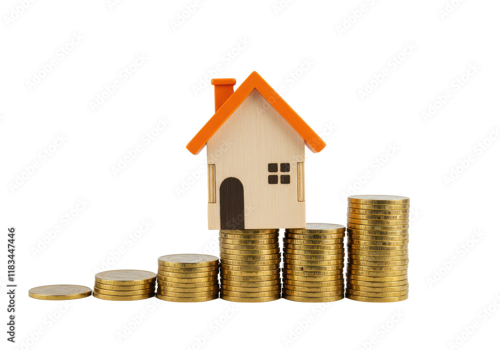 wooden miniature house with an orange roof balanced on stacks of golden coins, symbolizing real estate and financial growth, isolated on white background wooden miniature house with an orange roof balanced on stacks of golden coins, symbolizing real estate and financial growth, isolated on white background